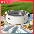 围炉煮茶户外露营烤肉炉圆形家用庭院不锈钢炭火便携野餐烧烤炉子 28cm炭火烤肉炉米白色加厚