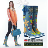 EVERCREATURES英国橡胶雨鞋雨靴水鞋女士成人儿童套鞋蓝色卡通印花水靴高筒38码