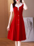 皮尔卡丹（pierre cardin）高端假两件连衣裙2024新款女夏季正式场合小个子显高收腰中长裙子 红色 L