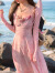 SLEVAYSV领吊带连衣裙女夏季粉色度假风设计感立体花朵抽褶收腰显瘦长裙 粉红色 M