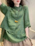 Lauaird 复古棉麻七分袖衬衫女2022夏秋季设计感气质宽松遮肚显瘦薄款上衣 绿色 XXS 30斤内