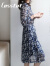卡思彤（Cosstot）品牌女装 碎花雪纺连衣裙新款夏季优雅时尚收腰显瘦气质洋气长裙 藏蓝色 M