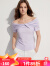 ELLE黑色设计感一字肩纽结短袖T恤女2024夏新款修身显瘦气质上衣 紫色 L