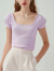 画朴 HUAAPPUW法式淡紫色方领短袖T恤女2024夏季新款修身显瘦气质百搭套头上衣 淡紫色 XL建议115-125斤