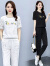 皮尔卡丹运动休闲套装女夏季2024年新款宽松短袖蕾丝t恤女士两件套长裤子 白色两件套 S（80-100斤）