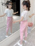 迪士尼（Disney）女童套装 24年夏新款洋气初中学生6-15岁女孩薄款时髦短袖两件套5 衬衫+粉裤 110cm