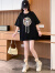 皮尔卡丹（pierre cardin）中国风刺绣设计感纯·棉短袖T恤女夏装新款宽松大尺码中长款半袖 黑色 M 适合80-115斤