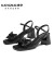 康奈（kangnai）女鞋夏季新款时尚蝴蝶结小香风舒适一字带粗跟凉鞋18234036 黑色 34