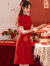 皮尔卡丹新中式酒红色旗袍连衣裙女夏季改良小个子新娘敬酒服结婚礼服裙子 9167红色 S