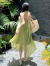摩舍沙滩裙法式肌理感吊带连衣裙女夏季宽松海边度假飘逸绿色百褶裙子 绿色 L