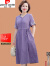皮尔卡丹妈·妈夏装中国风棉麻连衣裙宽松遮肚老年女短袖显瘦气质纯色裙子 紫色 XL 参考90110斤