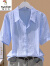 啄木鸟2023夏季新款韩版简约净面短袖衬衫女百搭大号女装上衣职业棉衬衣 蓝色 XL