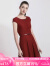 名师路蕾丝镂空连衣裙女夏装新款时尚名媛气质短袖纯色大摆裙子 暗红色18 XL