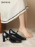 达芙妮（DAPHNE）高跟鞋女玛丽珍鞋春季2024新款甜妹方头单鞋通勤工作鞋 黑色 6.5cm 37 标准码