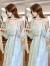 浪莎（LangSha）温柔风绿色长袖连衣裙女2024春季新款法式小众设计高级感气质长裙 蓝绿色 S推荐8095斤