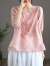 浪莎（LangSha）苎麻短袖女士时髦衬衣夏季新款复古棉麻气质V领衬衫 粉色 XXL【建议140-170斤】