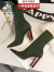 啄木鸟欧美时尚简约木纹跟粗跟高跟尖头弹力莱卡性感夜店显瘦短靴 绿色 34