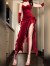世希大码法式复古红色丝绒吊带连衣裙女不规则开叉性感包臀重工礼服裙 红色 S 建议80-95斤