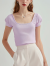 画朴 HUAAPPUW法式淡紫色方领短袖T恤女2024夏季新款修身显瘦气质百搭套头上衣 淡紫色 XL建议115-125斤