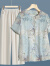 俞兆林中老年人衬衫夏装冰丝上衣女奶奶短袖两件套装妈妈夏季薄款衬衣服 蓝色+黑色裤子 3XL (建议115-130斤)