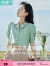 茵曼2023夏季女新款时尚纯色泡泡袖古巴领短袖衬衫衬衣18322203 淡绿色 S