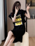 皮尔卡丹夏季短袖连衣裙女装2024新款韩版直筒潮流气质中长款针织t恤裙子 黑色 L（115-130斤）