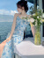 摩舍沙滩裙海边旅游度假夏新款国风提花吊带连衣裙开叉雪纺连衣裙长裙 蓝色 M