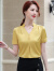 昂柏（ANGBAI）短袖衬衫女雪纺气质休闲新款夏季上衣小v领职业女套裙上班族衬衣 单件黄色衬衫 XL