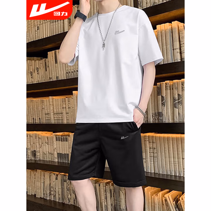 回力运动套装男夏季短袖t恤透气速干短裤休闲打底衫跑步健身五分裤