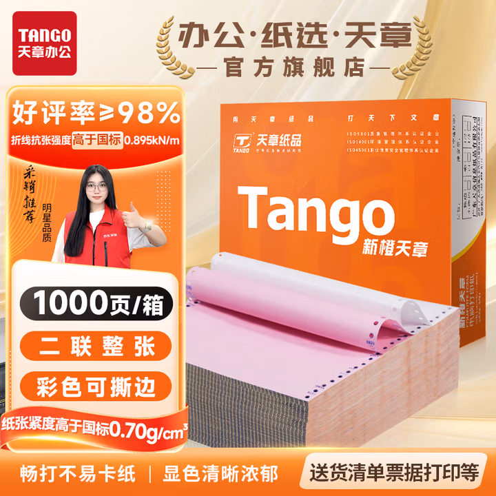 天章 （TANGO）新橙天章打印纸 二联整张针式打印纸 不撕边电脑打印纸 出入库