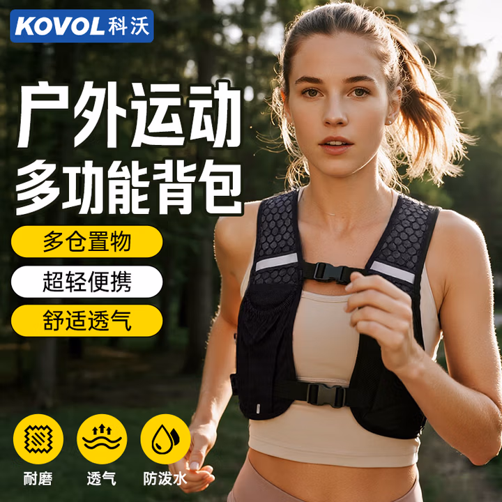 科沃运动跑步背包越野登山双肩包户外骑行马拉松徒步水袋多功能耐磨反光休闲旅行轻薄透气男女-黑色
