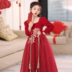 乖奇奇（ALERTCHYCHY）女童红色新年公主裙加绒冬款儿童高端拜年服演出晚礼服女孩连衣裙 酒红色长袖3932长款 110