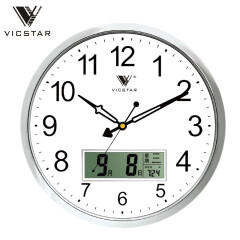 VICSTAR威时达钟表带日历万年历温度湿度挂钟客厅卧室现代简约石英钟时钟 真空镀银液晶日历显示（32厘米）