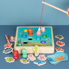 三格田（SANGTY）儿童钓鱼磁性玩具早教游戏智力男孩女宝宝磁性套装立体鱼盒装木制 2813）多功能立体钓鱼