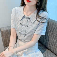 皮尔卡丹（PIERRE CARDIN）小清新娃娃领短袖衬衫女2025年新款春夏休闲新中式盘扣蕾丝衫上衣 广东普宁女士衬衫天蓝色 M 女士衬衫新款洋气
