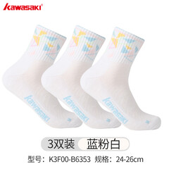 川崎（KAWASAKI）羽毛球袜虹光男女吸汗棉质中筒加厚毛巾底防滑比赛训练袜子三双装 中筒 K3F00-B6353 蓝粉白 3双 三双装 24-26cm