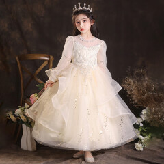 乖奇奇（ALERTCHYCHY）儿童礼服女童公主裙花童婚礼小女孩高端主持人钢琴演奏演出服夏季 香槟色长袖长款 110