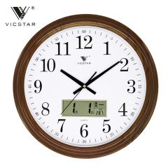 VICSTAR威时达钟表 简约家用大气挂钟客厅现代挂表万年日历卧室石英时钟 木纹LCD日历显示（43厘米）