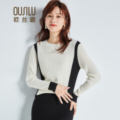 欧丝璐秋冬新品圆领毛衣黑白撞色纯羊绒衫女19OSL191009 奶白 100/M