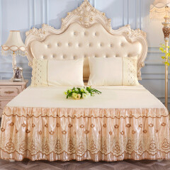 艾晶美家纺 新款床裙款套件 纯色 防滑加大花边床罩保护套床单 大气黄 1.8米*2米
