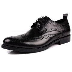 WOUFO商务正装尖头男士皮鞋布洛克雕花男鞋英伦透气系带德比鞋休闲单鞋 黑色1951-60 38