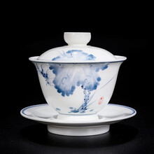 恒铭昌 盖碗茶杯 景德镇手绘青花陶瓷泡茶碗功夫茶具大号三才杯手抓茶壶敬茶杯 水墨青荷盖碗180ml