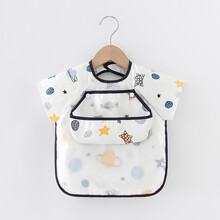 【可拆卸饭兜】宝宝围兜 婴儿饭兜儿童防水吃饭围兜宝宝围嘴儿童半袖罩衣反穿衣夏季薄款罩衣 白色星球白色恐龙-可拆卸围兜罩衣 0-2岁 90码
