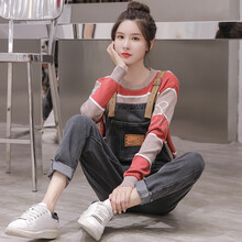 大码牛仔背带裤春秋新款宽松洋气孕妇韩版休闲连体裤子潮妈 单牛仔背带裤 2XL(130-150)