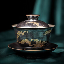 素臻（SUZHEN）景德镇银茶具999 加厚功夫盖碗鎏银茶杯碗茶具青花镶金陶瓷介杯大 鎏银-黑金釉-福临门盖碗