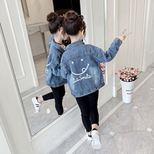 新品卡兔蓝猫品牌童装女童牛仔外套春秋款儿童中大童春季牛仔衣女孩牛仔褂时尚洋气 笑脸蓝色 120码建议115厘米身高左右