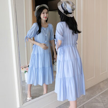 苒琦妈咪孕妇装夏装上衣潮妈时尚款过膝雪纺孕妇连衣裙2021夏天洋气孕妇裙 蓝色 XXL