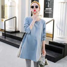 孕妇装秋装连衣裙时尚中长款长袖潮妈春秋季上衣宽松大码孕妇裙子 单件蓝色上衣 XXL