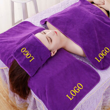 冰星梦美容院三件套专用毛巾皮肤管理包头巾铺床巾吸水定制logo 魔术贴束发带不掉毛皮肤管理包头巾 紫色 铺床洞巾80*190