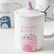 亿嘉IJARL 可爱陶瓷杯子女带盖勺恐龙马克杯创意个性潮流水杯家用牛奶早餐咖啡杯 粉色恐龙